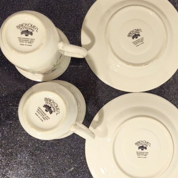Vtg BrickOven Stoneware Mugs & saucer set 4pc Heritage Pattern Birds Flowers - Picture 4 of 11